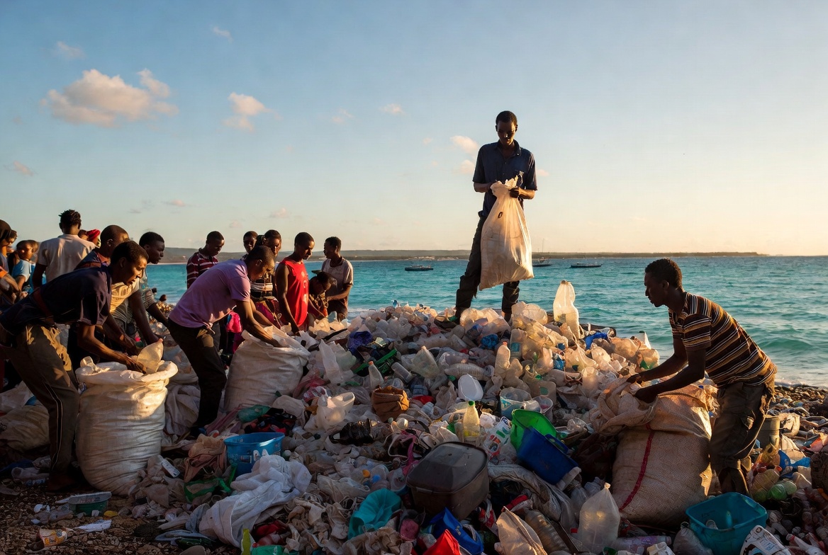 Men collecting plastic waste on the beach