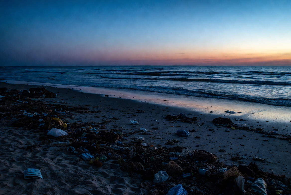 Plastic waste washed up on the beach in Mombasa